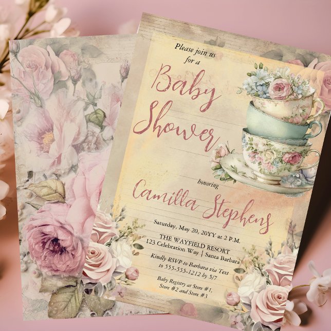Invitación Elegante Té Floral Rosa Chica Té Baby Shower (Elegant Pink Floral Tea Cups Girl Baby Shower Tea Invitation)