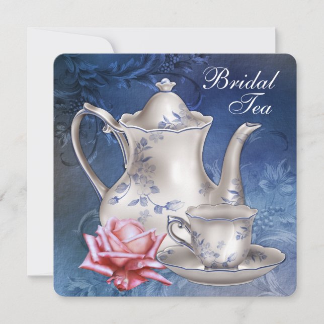 Invitación Elegante Té Nupcial Azul (Anverso)