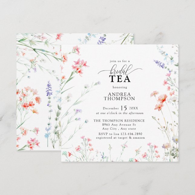 Invitación Elegante té nupcial con flores silvestres de Boho (Anverso / Reverso)