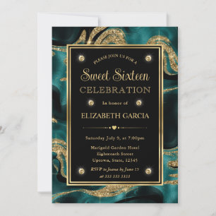 Invitación Elegante Teal Derretido y Brillo Dorado Cumple Dul