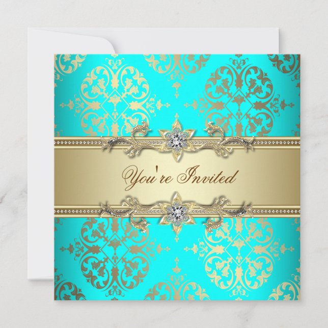 Invitación Elegante Teal Dorado Damask Fiesta (Anverso)