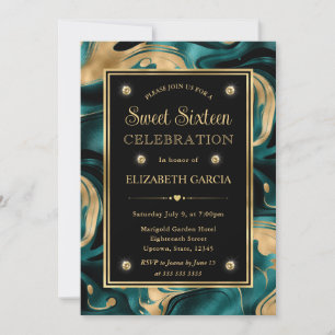 Invitación Elegante Teal Fundido y Brillo Dorado Cumple Dulce