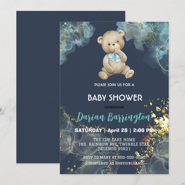 Invitación Elegante Teddy Oso color agua bebé ducha (Anverso / Reverso)