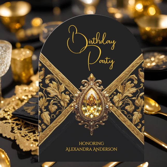 Invitación Elegante tela de joyas de oro negro de cumpleaños (Subido por el creador)
