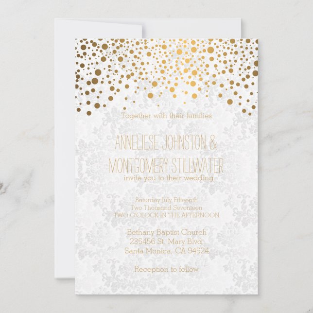 Invitación Elegante tema Boda de puntos de confetti dorados (Anverso)