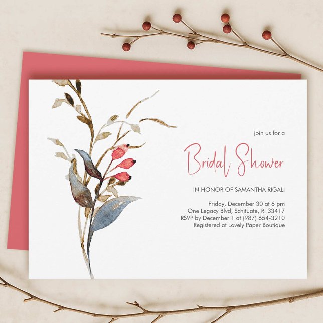 Invitación Elegante tema de ducha de novia para otoño (Fall bridal shower theme features a flat lay of invitations with elegant botanicals on a white card)