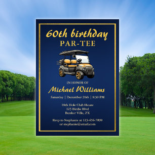 Invitación Elegante tema de golf Carrito Azul Dorado Cumpleañ