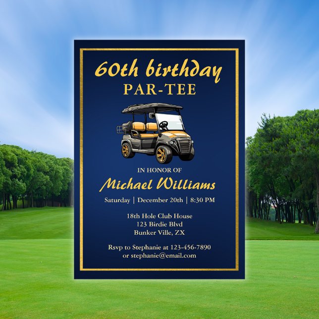 Invitación Elegante tema de golf Carrito Azul Dorado Cumpleañ (Subido por el creador)