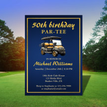 Elegante tema de golf Cart Blue Gold 50 cumpleaños