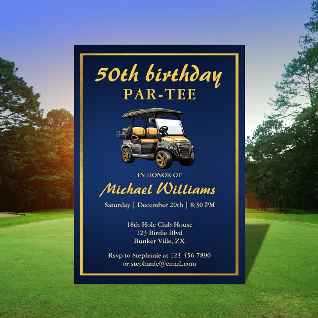 Invitación Elegante tema de golf Cart Blue Gold 50 cumpleaños (Subido por el creador)