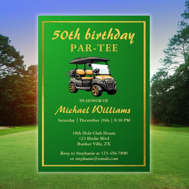 Invitación Elegante tema de golf Cart Green Gold 50 cumpleaño (Subido por el creador)