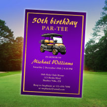 Elegante tema de golf Cart Purple Gold 50 cumpleañ