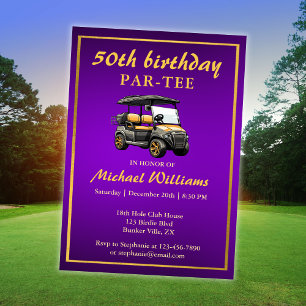 Invitación Elegante tema de golf Cart Purple Gold 50 cumpleañ