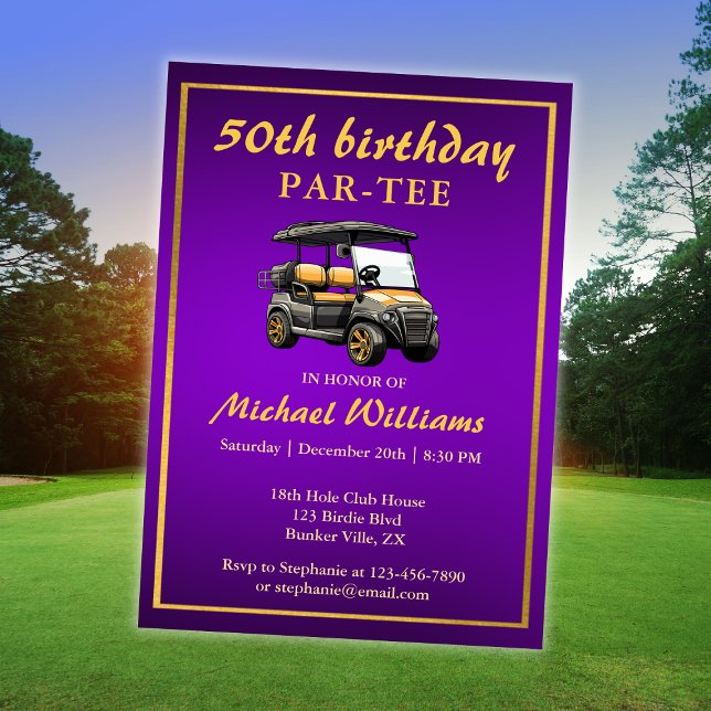 Invitación Elegante tema de golf Cart Purple Gold 50 cumpleañ (Subido por el creador)