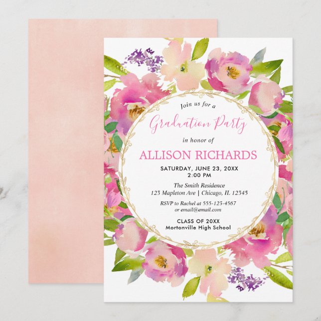 Invitación Elegante tema de jardín fiesta de graduación de fl (Anverso / Reverso)