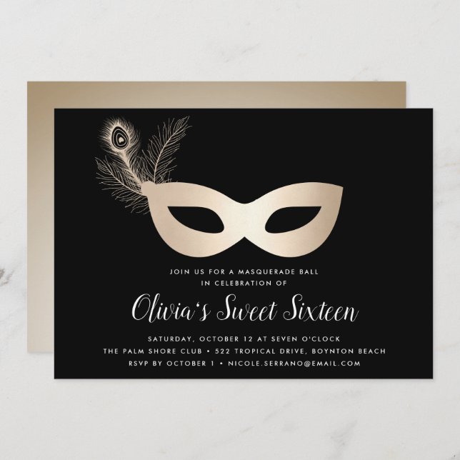 Invitación Elegante tema de la mascarada de oro dulce diecisé (Anverso / Reverso)