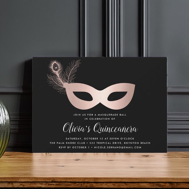 Invitación Elegante tema de la mascarada de oro Rosa Quincean (Subido por el creador)