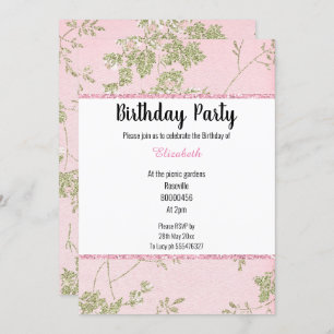 INVITACIÓN ELEGANTE TEMA DE PRIMAVERA VERDE ROSA CUMPLEAÑOS