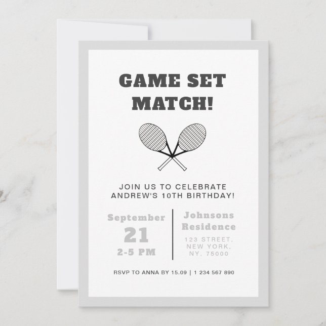 Invitación Elegante tema de tenis Niños Fiesta de cumpleaños  (Anverso)