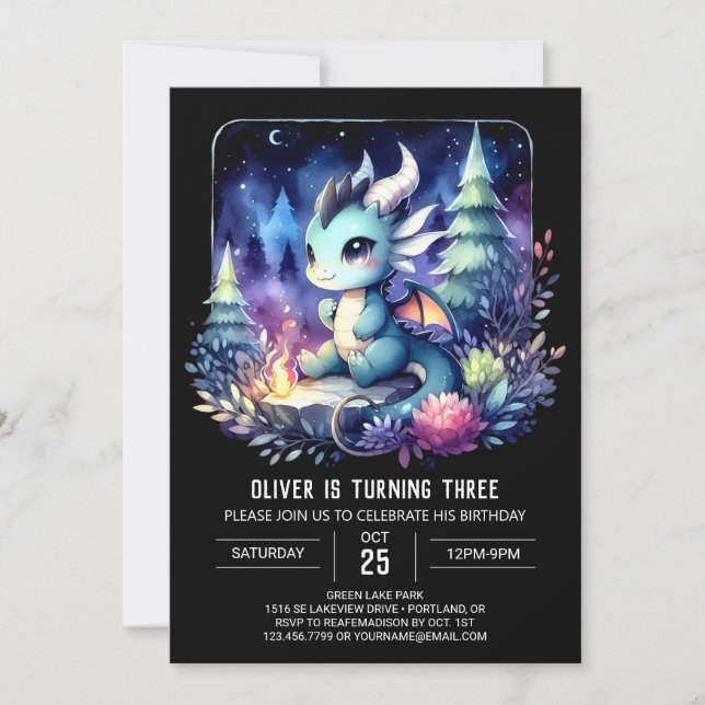 Invitación Elegante tema Dragón cumpleaños (Anverso)