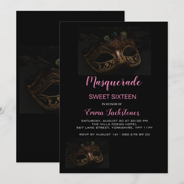 Invitación Elegante Tema Mascarada Rosa Dulce Dieciséis (Anverso / Reverso)