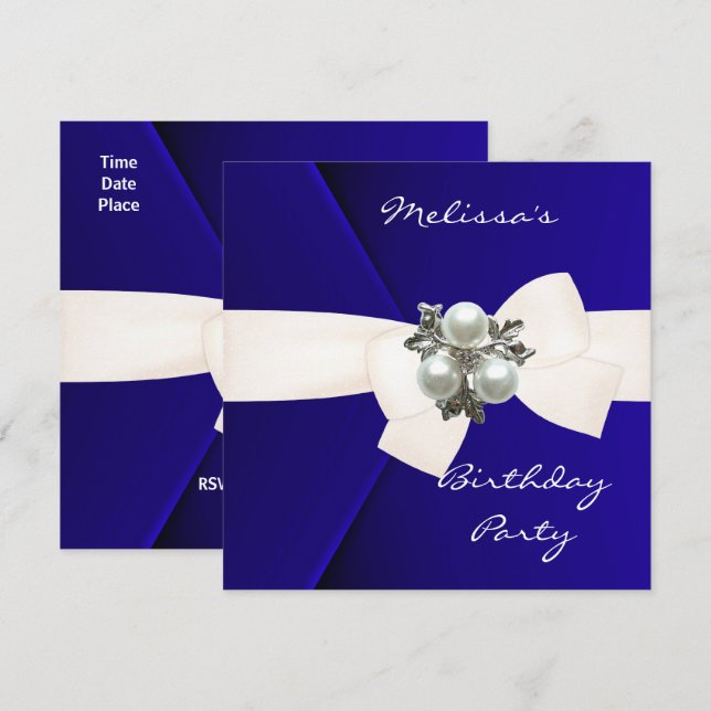 Invitación elegante terciopelo azul real perla (Anverso / Reverso)