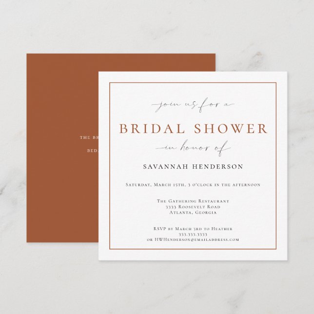 Invitación Elegante Terra Cotta Bridal Shower Classic (Anverso / Reverso)