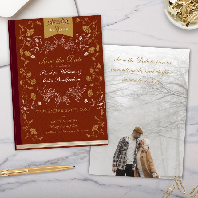 Invitación Elegante Terra Cotta Gold Wedding Save the Date (elegant terra cotta and gold wedding save the date invitation for vintage victorian era book lovers)