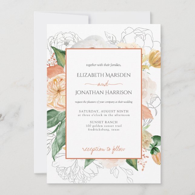 Invitación Elegante Terracota Champagne Floral Script (Anverso)