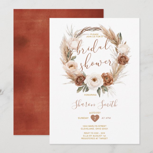 Invitación Elegante Terracota De Boho Blanco Flores Ducha Nup (Anverso / Reverso)