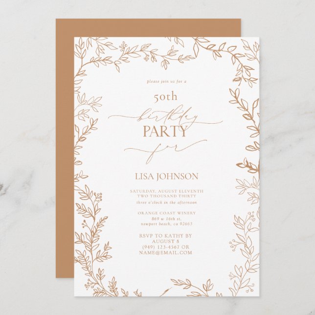 Invitación Elegante Terracota de hojas modernas 50 cumpleaños (Anverso / Reverso)