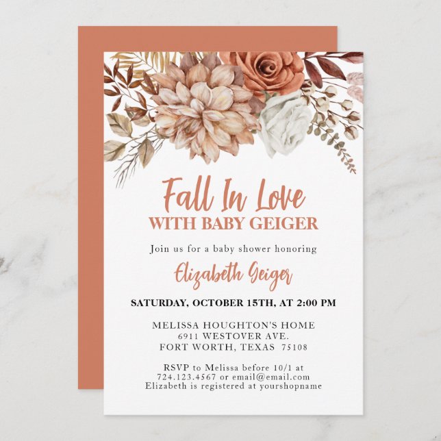 Invitación Elegante Terracota Fall Floral Baby Shower (Anverso / Reverso)
