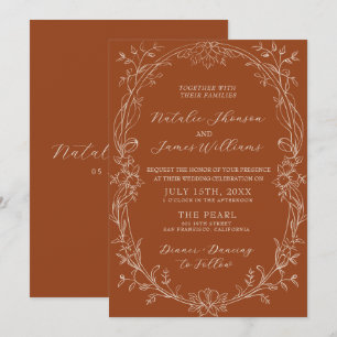 Invitación Elegante Terracota Floral Naranja Quemada Boda Boh