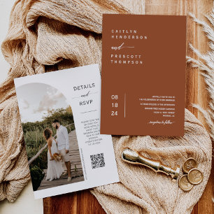 Invitación Elegante Terracota Foto Mínima Boda de código QR I