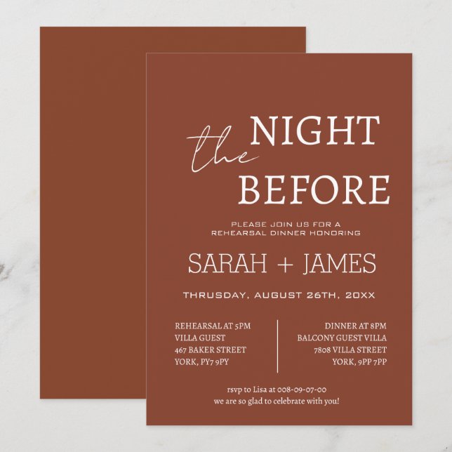 Invitación Elegante Terracota la noche antes de la cena Boda (Anverso / Reverso)