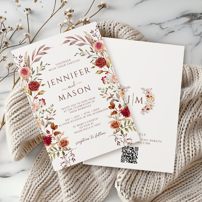 Invitación Elegante Terracota Marrón Boda Floral QR (Subido por el creador)