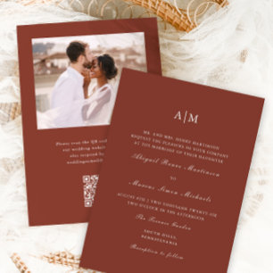Invitación Elegante Terracota Monograma QR Boda de fotografía