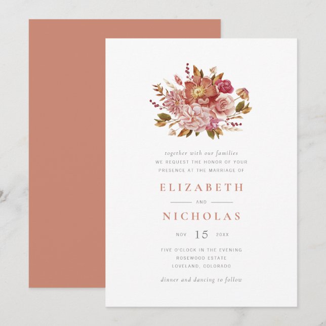 Invitación Elegante Terracota Watercolor Floral Boda (Anverso / Reverso)
