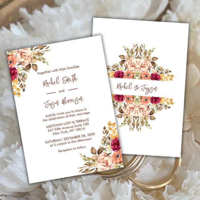 Invitación Elegante Terracota Watercolor Floral Otoño (Lovely Rustic Floral Terracotta Color Themed Wedding Invitation in White Background)
