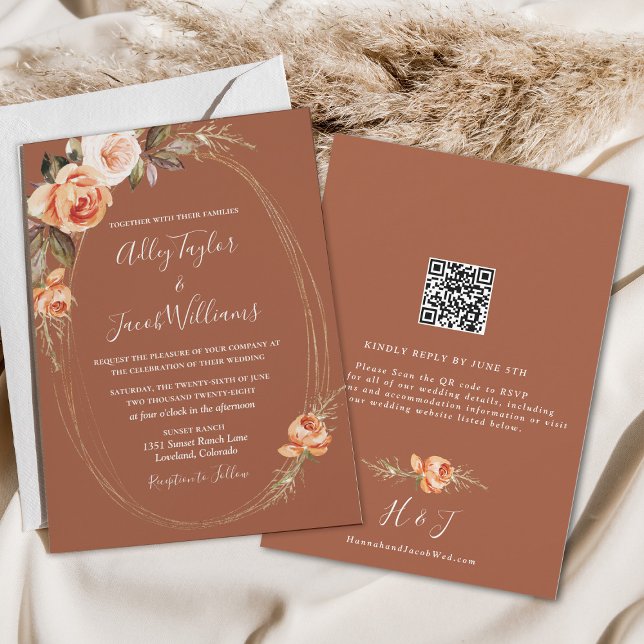 Invitación Elegante Terracotta Boho Floral QR Boda de código (Subido por el creador)