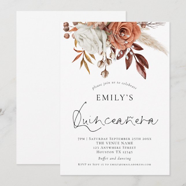 Invitación Elegante Terracotta Florals Quinceañera 15º Fiesta (Anverso / Reverso)