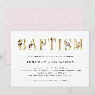Invitación Elegante texto floral dorado  Bautismo