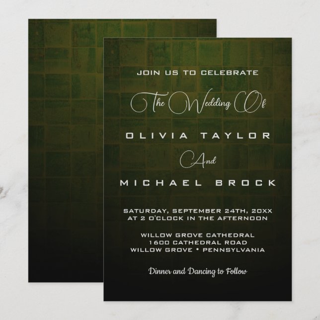Invitación Elegante texto plateado sobre boda verde oscuro (Anverso / Reverso)
