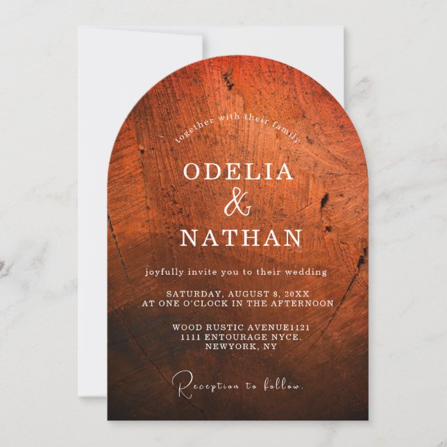 Invitación Elegante textura de grano de madera rústica arquea (Anverso)
