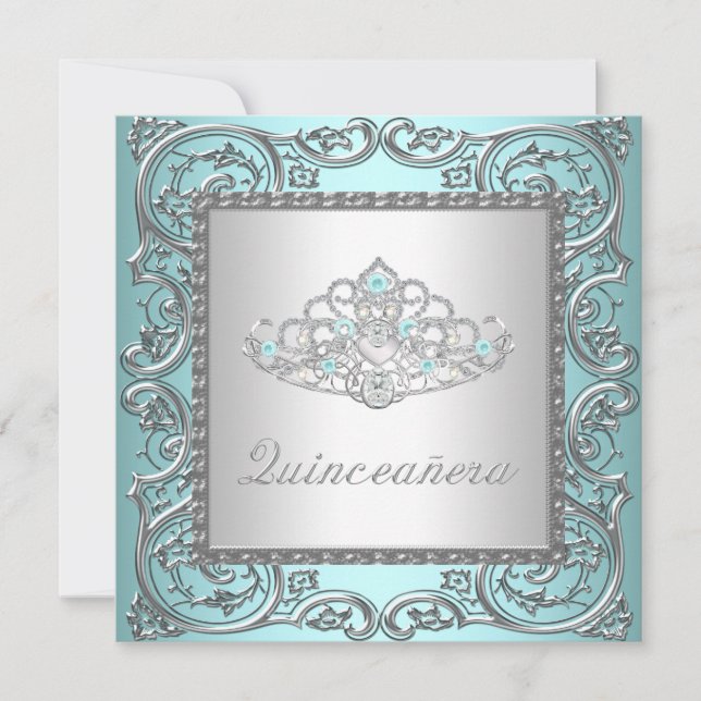 Invitación Elegante Tiara Azul Verde azulado Quinceanera (Anverso)