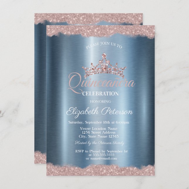 Invitación Elegante Tiara Blue Metallic Quinceañera (Anverso / Reverso)