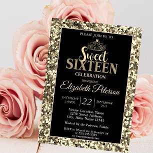 Invitación Elegante Tiara con Lentejuelas Doradas, Dulce Cump