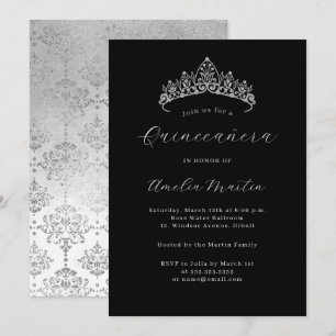 Invitación Elegante Tiara de Damasco de Plata Negra Quinceañe