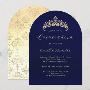 Invitación Elegante Tiara de Oro Azul Marino Quinceañera