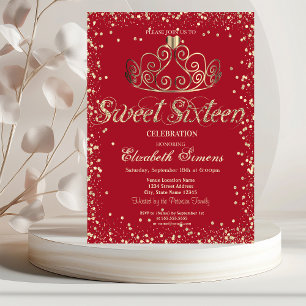 Invitación Elegante Tiara de Oro Diamantes Confeti Rojo Dulce